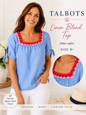 Talbots  Linen Blend Top Crochet Square Neck Boho Coastal Blouse M